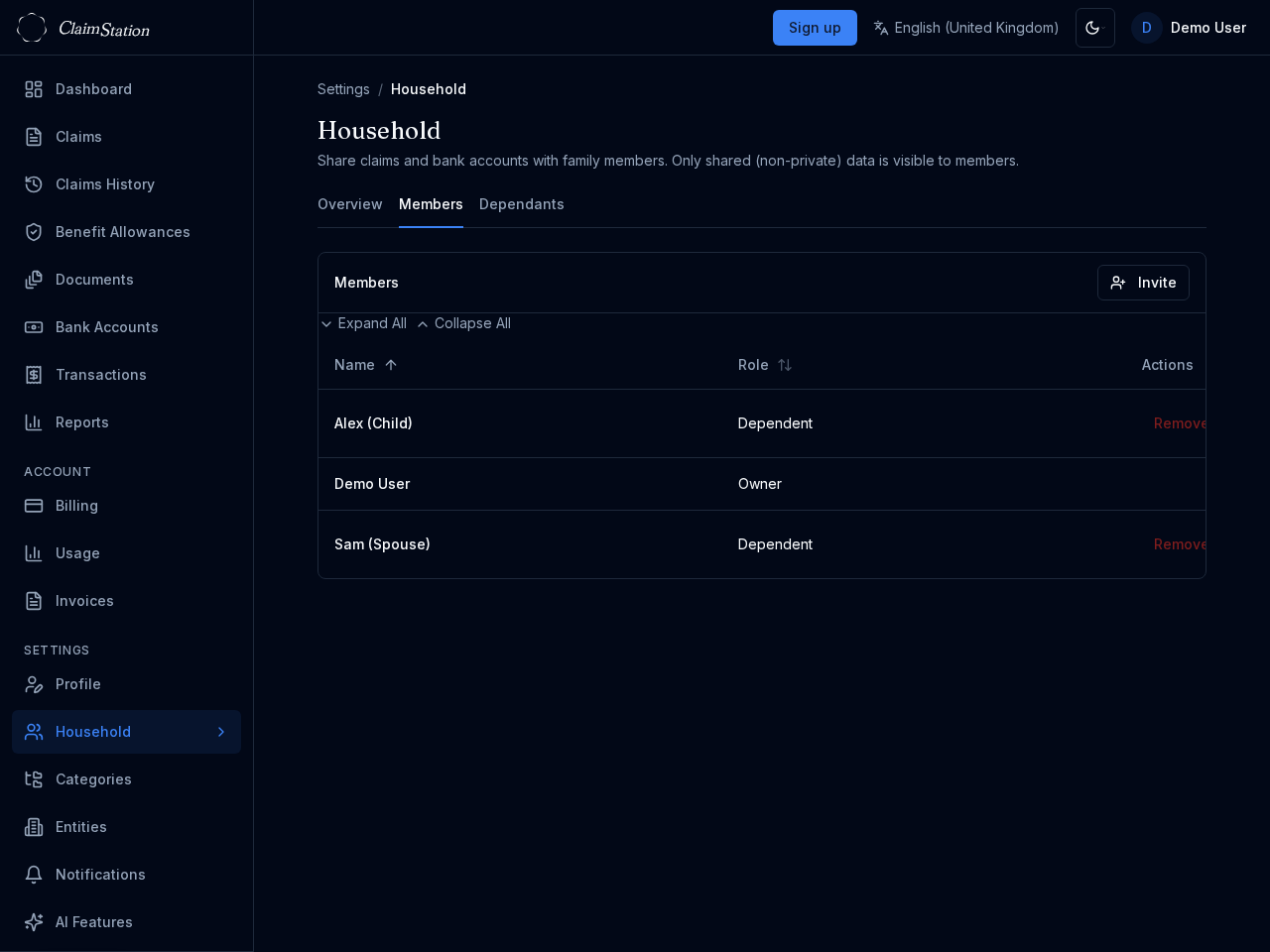 ClaimStation household members settings